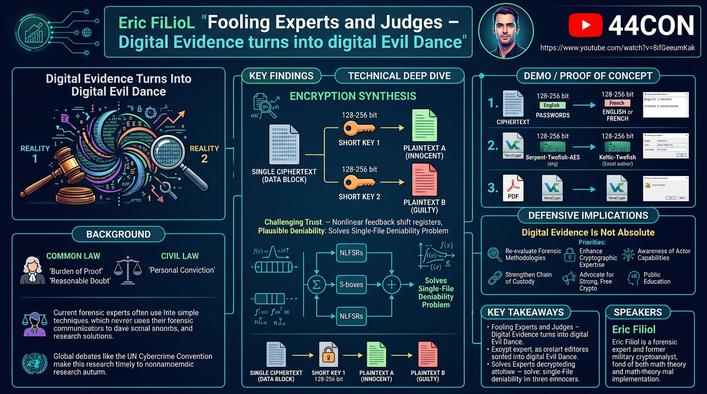 Visual summary for Fooling Experts and Judges – Digital Evidence turns into digital Evil Dance by Eric Filiol