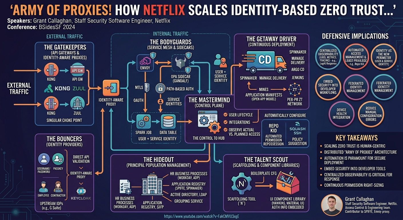 Visual summary for Army of Proxies! How Netflix scales identity based zero trust... by Grant Callaghan
