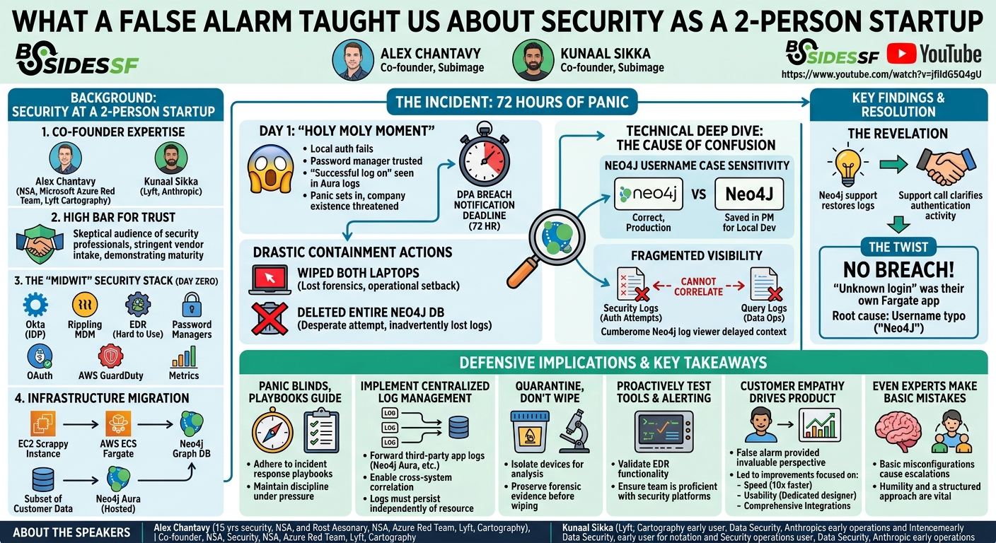 Visual summary for What a False Alarm Taught Us About Security as a 2-Person Startup by Alex Chantavy, Kunaal Sikka