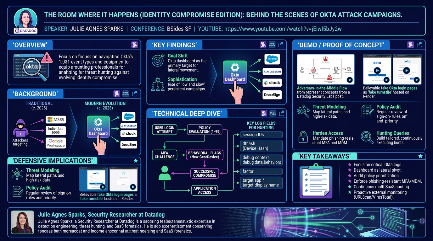 Visual summary for The Room Where It Happens (Identity Compromise Edition): Behind the scenes of Okta attack campaigns by Julie Agnes Sparks
