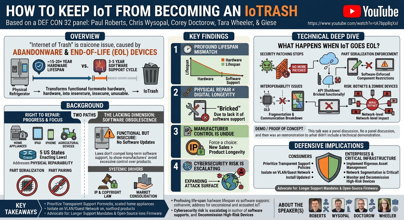 Visual summary for How To Keep IoT From Becoming An IoTrash by Roberts, Wysopal, Doctorow, Wheeler, Giese