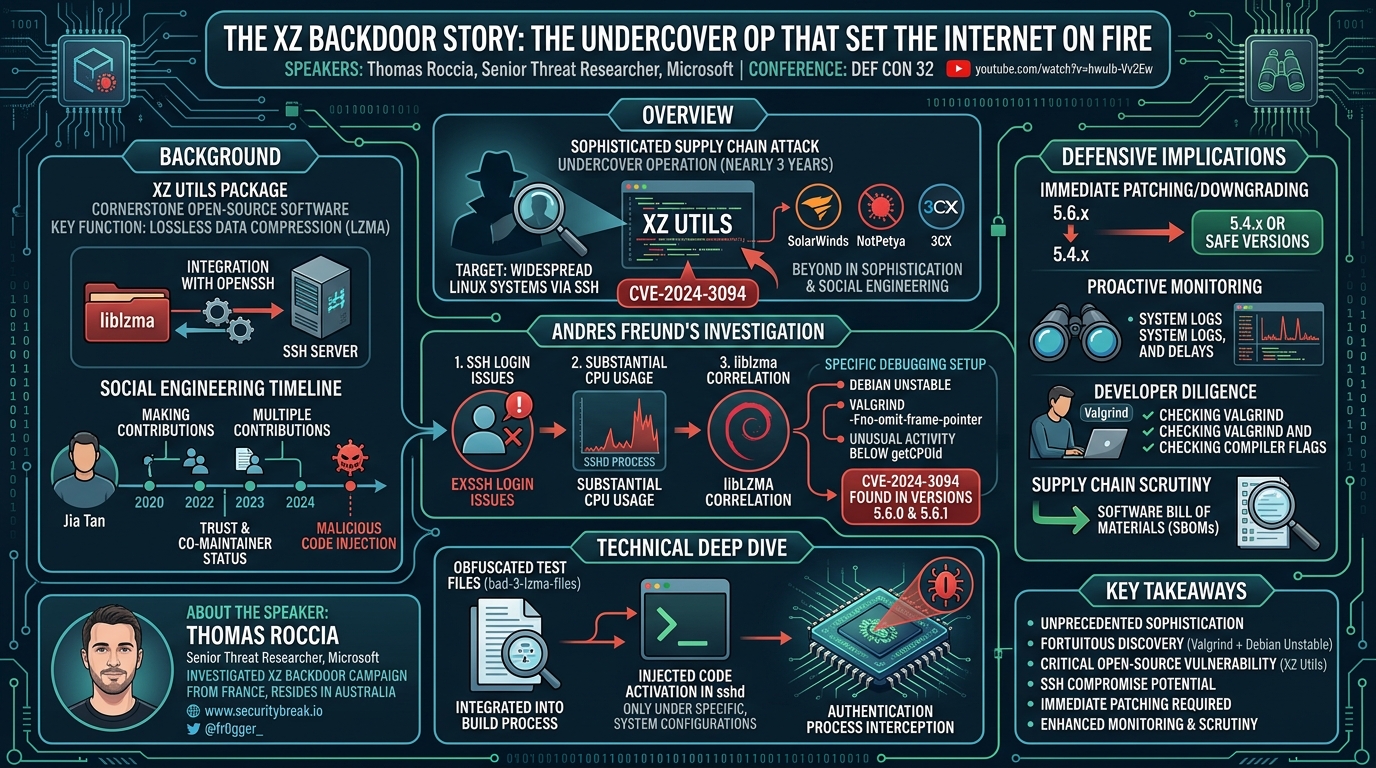 Visual summary for The XZ Backdoor Story: The Undercover Op That Set the Internet on Fire by Thomas Roccia