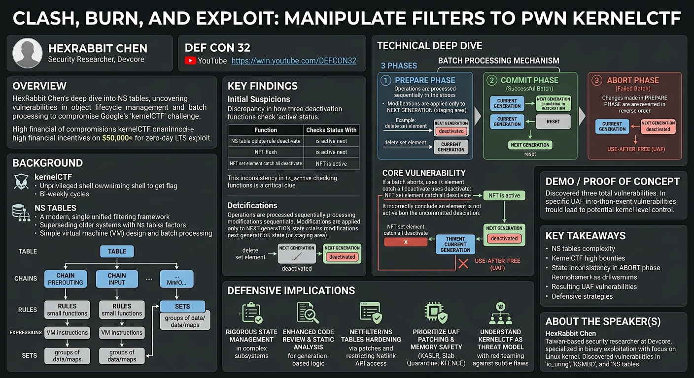 Visual summary for Clash, Burn, and Exploit Manipulate Filters to Pwn kernelCTF by HexRabbit Chen