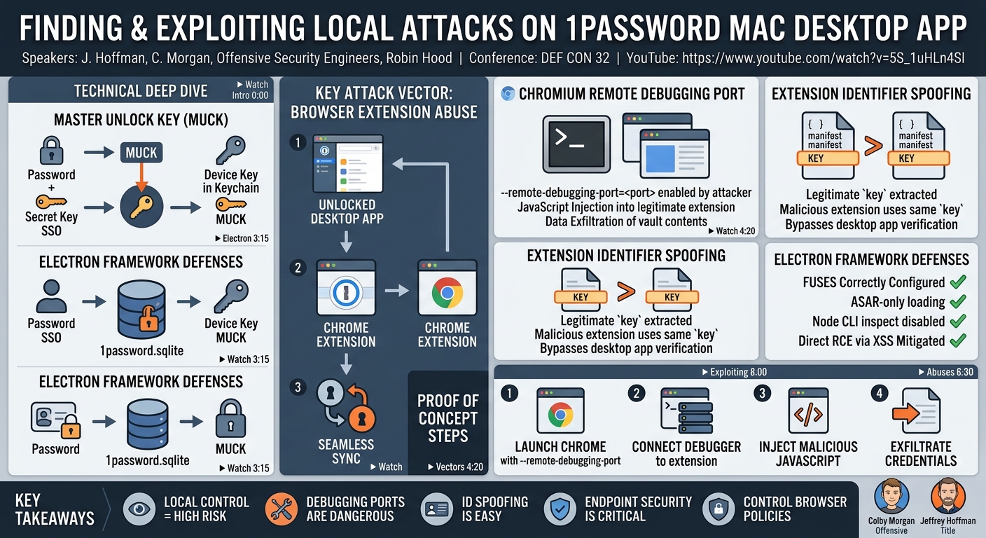 Visual summary for Finding & exploiting local attacks on 1Password Mac desktop app by J. Hoffman, C. Morgan