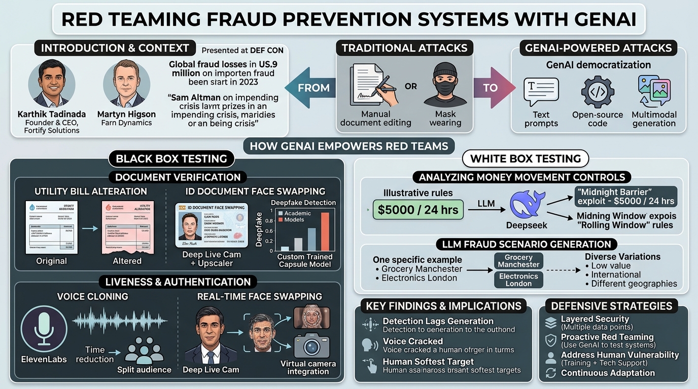 Visual summary for DEF CON 33 3- Red teaming fraud prevention systems with GenAI by Karthik Tadinada, Martyn Higson