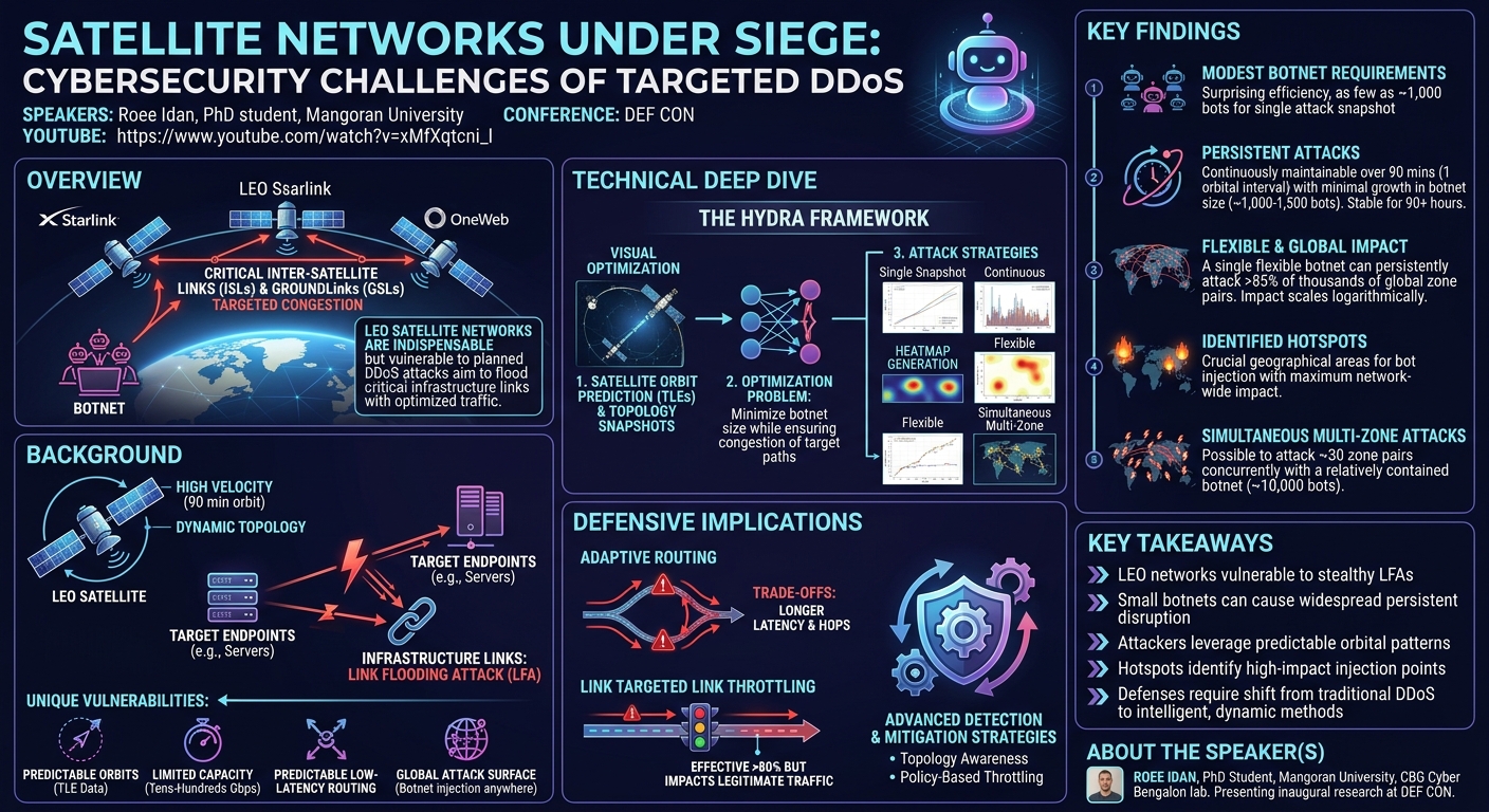 Visual summary for Satellite Networks Under Siege: Cybersecurity Challenges of Targeted DDoS by Roee Idan