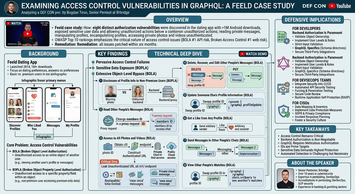 Visual summary for Examining Access Control Vulnerabilities in GraphQL: A Feeld Case Study by Bogdan Tiron