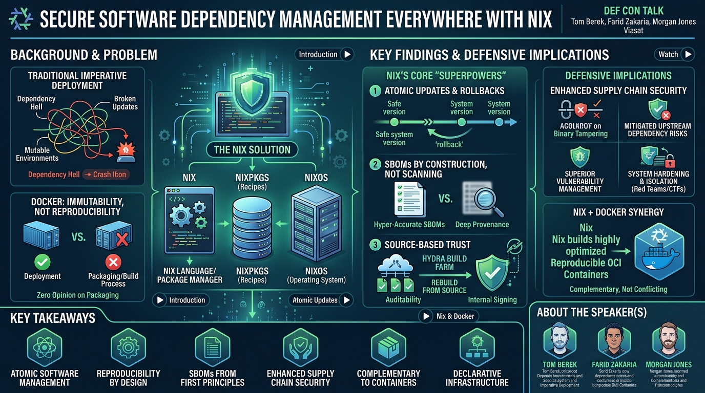 Visual summary for Secure software dependency management everywhere with Nix by Tom Berek, Farid Zakaria