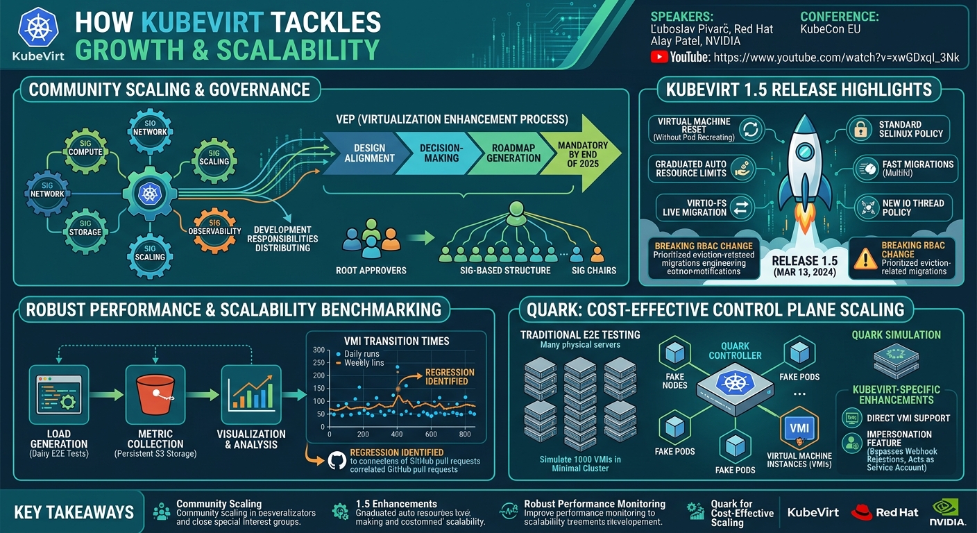 Visual summary for How We Tackle KubeVirt’s Growth and Scalability - Ľuboslav Pivarč, Red Hat & Alay Patel, NVIDIA by Ľuboslav Pivarč, Red Hat, Alay Patel, NVIDIA