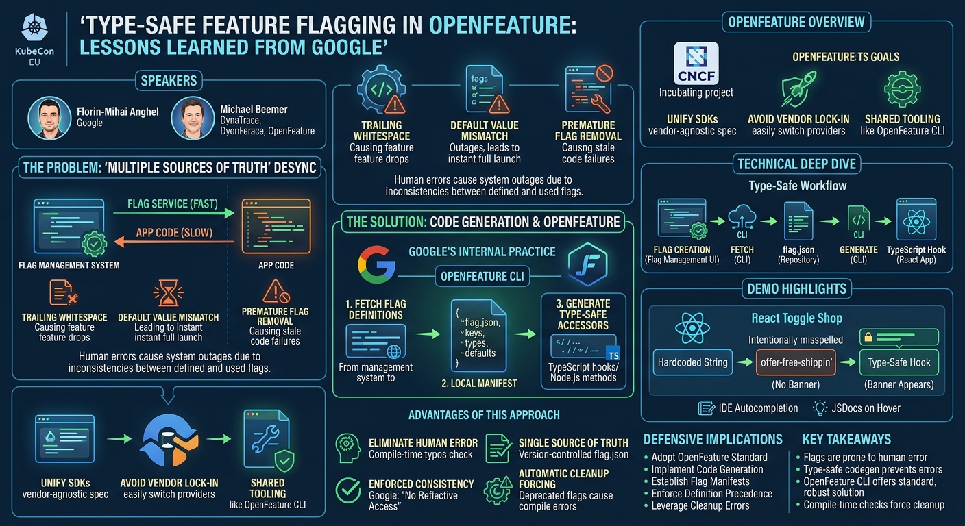 Visual summary for Type-safe Feature Flagging in OpenFeature: Lessons Learned F... Michael Beemer & Florin-Mihai Anghel by Michael Beemer, Florin-Mihai Anghel
