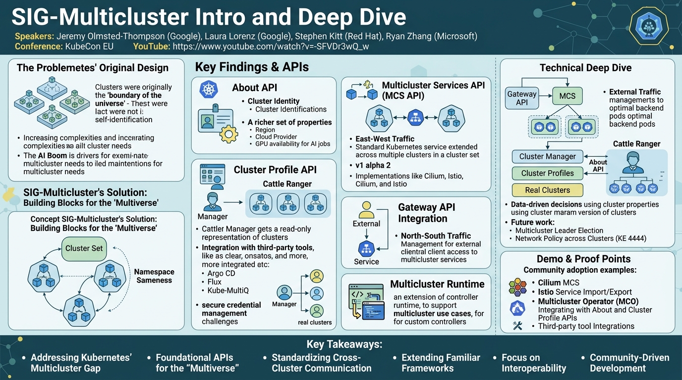 Visual summary for SIG-Multicluster Intro and Deep... Jeremy Olmsted-Thompson, Laura Lorenz, Stephen Kitt & Ryan Zhang by Jeremy Olmsted-Thompson, Laura Lorenz, Stephen Kitt, Ryan Zhang