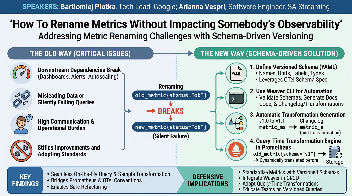 Visual summary for How To Rename Metrics Without Impacting Somebody’s Observabili... Bartłomiej Płotka & Arianna Vespri by Bartłomiej Płotka, Arianna Vespri