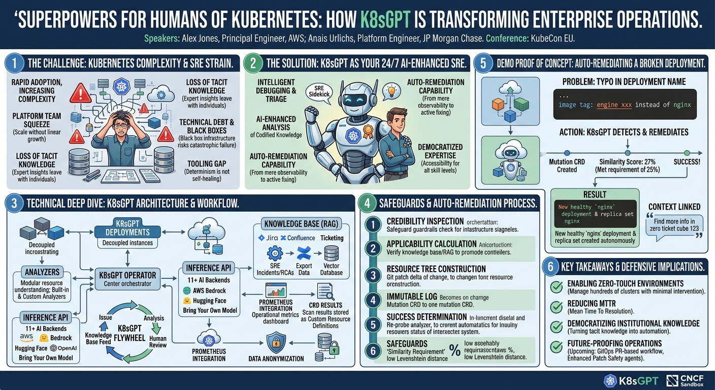 Visual summary for Superpowers for Humans of Kubernetes: How K8sGPT Is Transforming Enter... Alex Jones & Anais Urlichs by Alex Jones, Anais Urlichs