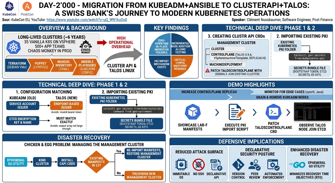 Visual summary for Day-2’000 - Migration From Kubeadm+Ansible To ClusterAPI+Talos: A Swiss Bank’s... Clément Nussbaumer by Migration From Kubeadm+Ansible To ClusterAPI+Talos: A Swiss Bank’s... Clément Nussbaumer