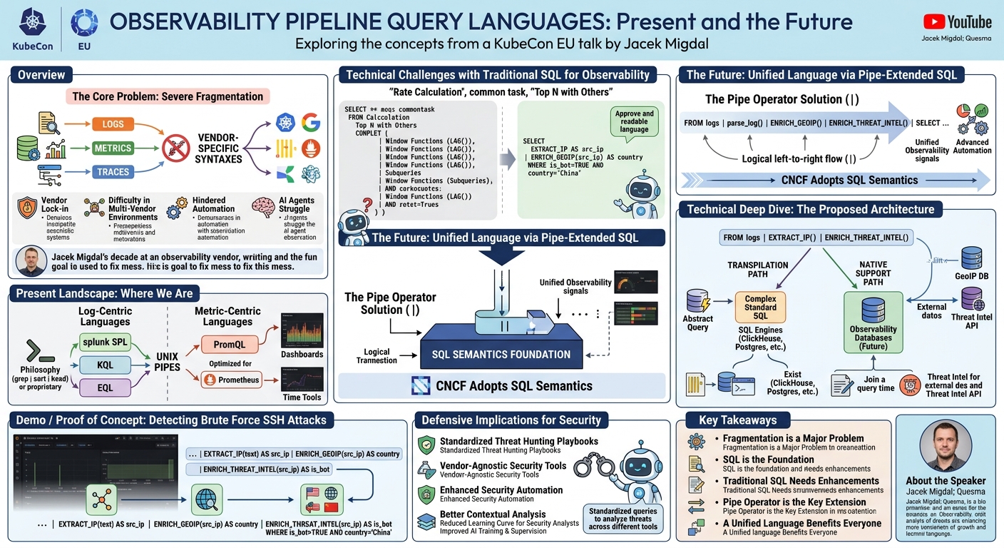 Visual summary for Observability Pipeline Query Languages: Present and the Future - Jacek Migdal, Quesma by Jacek Migdal, Quesma