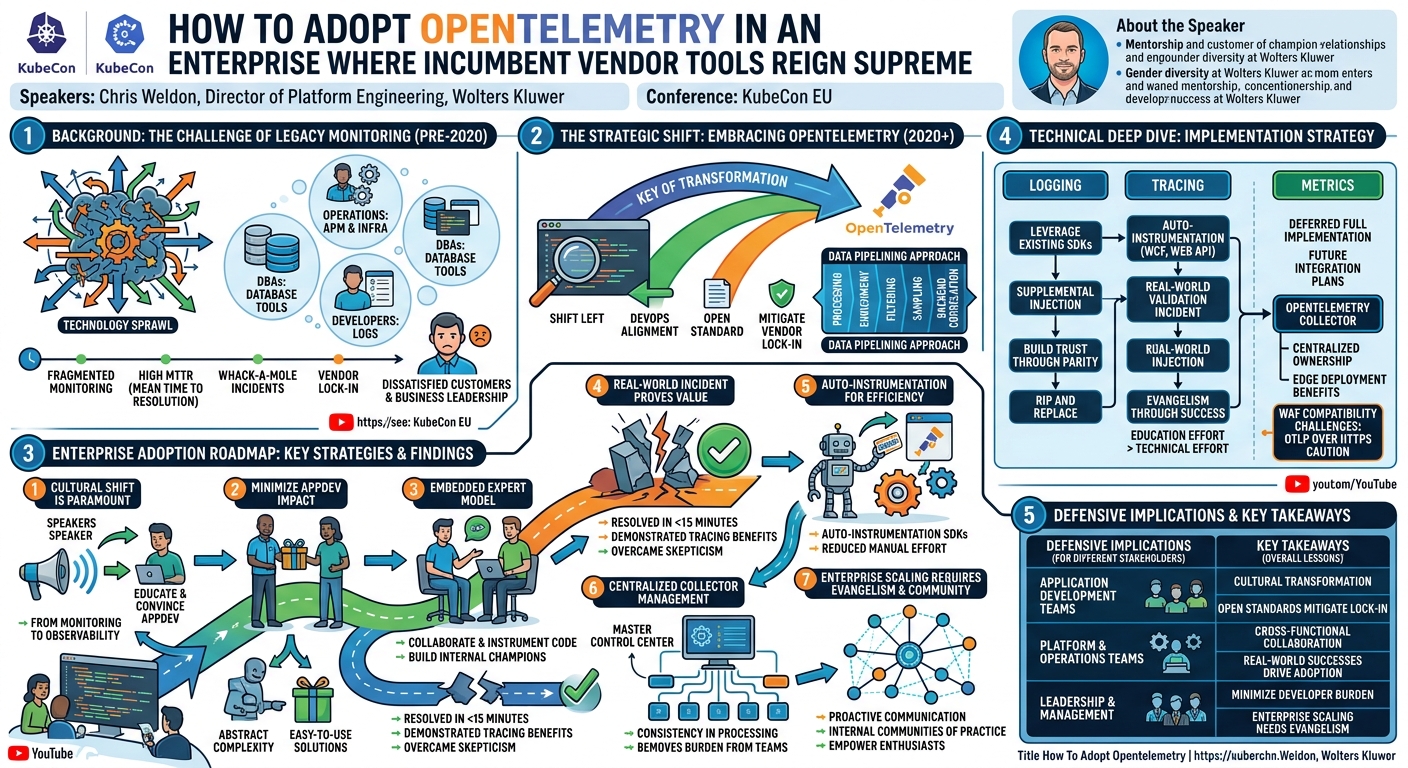Visual summary for How To Adopt OpenTelemetry in an Enterprise Where Incumbent Vendor Tools Reign Supre... Chris Weldon by Chris Weldon