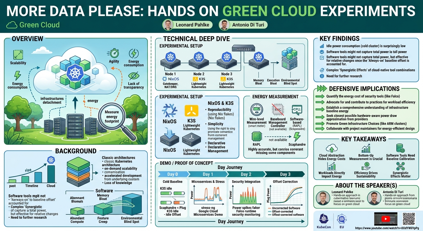 Visual summary for More Data Please: Hands on Green Cloud Experiments - Leonard Pahlke & Antonio Di Turi by Leonard Pahlke, Antonio Di Turi