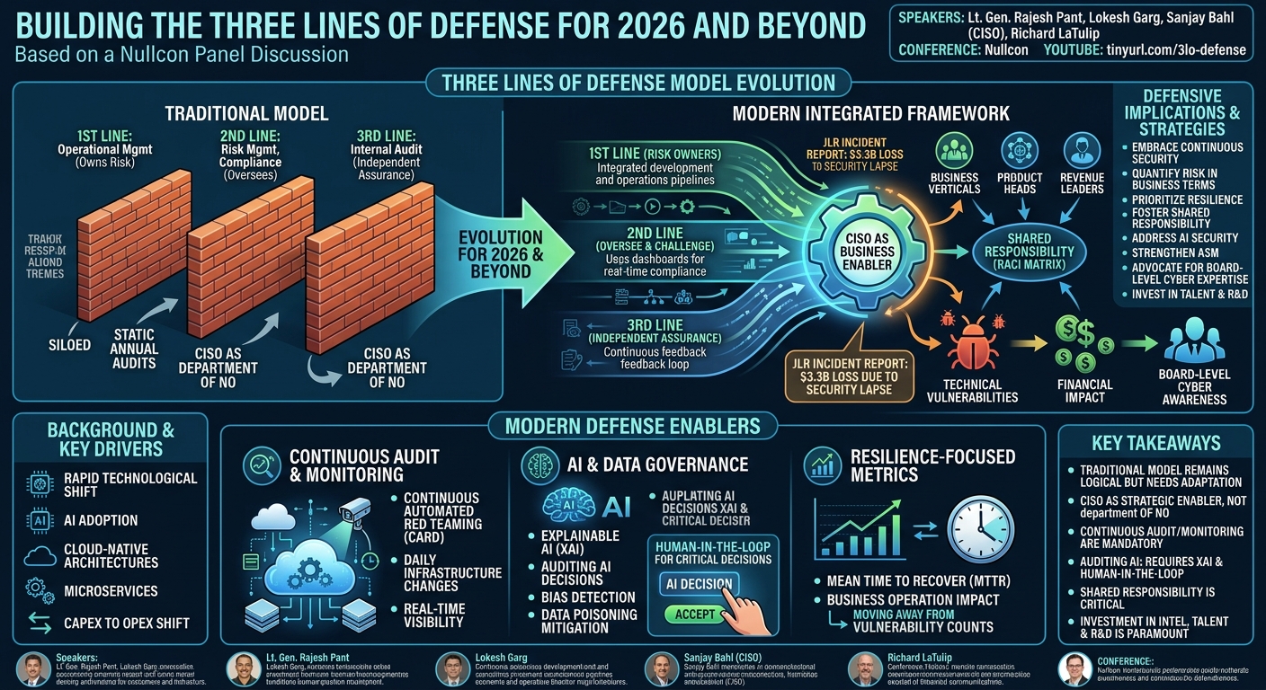 Visual summary for Building the Three Lines of Defense for 2026 and Beyond by Lt. Gen. Rajesh Pant, Lokesh Garg, Sanjay Bahl, Richard LaTulip