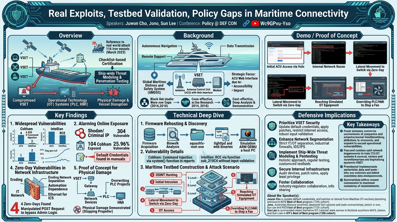 Visual summary for Real Exploits, Testbed Validation, Policy Gaps in Maritime Connectivity by Juwon Cho