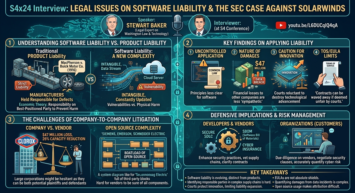 Visual summary for S4x24 Interview With Stewart Baker: Legal Issues on Software Liability & SEC Case Against Solarwinds by Stewart Baker