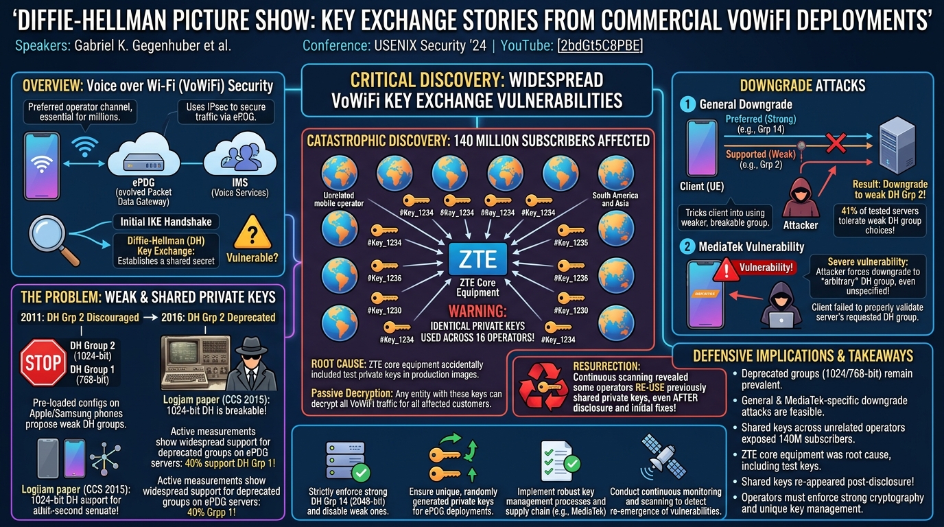 Visual summary for Diffie-Hellman Picture Show: Key Exchange Stories from Commercial VoWiFi Deployments by Gabriel K. Gegenhuber, Florian Holzbauer, Philipp É. Frenzel, Edgar Weippl, Adrian Dabrowski