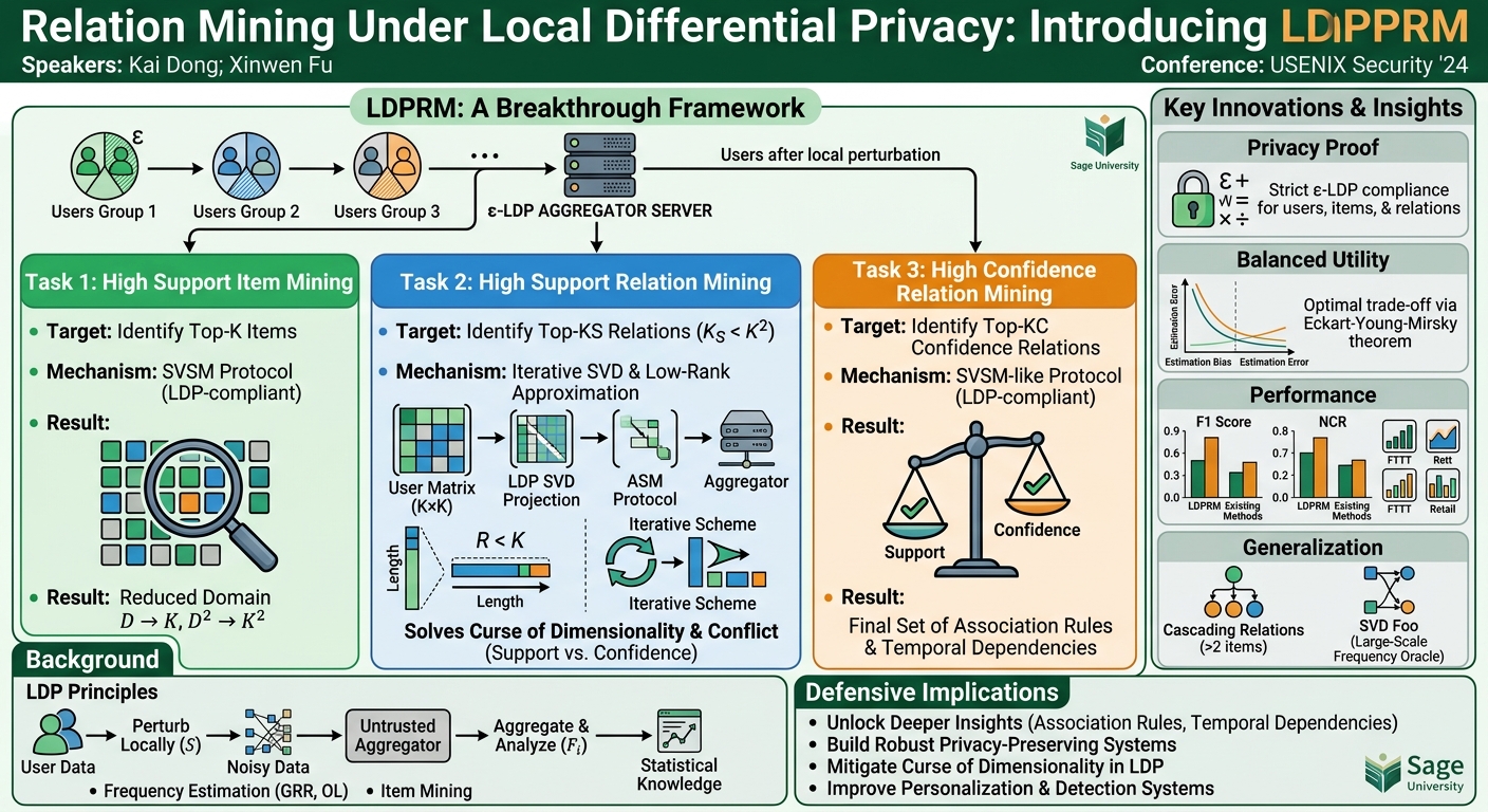 Visual summary for Relation Mining Under Local Differential Privacy by Kai Dong, Xinwen Fu