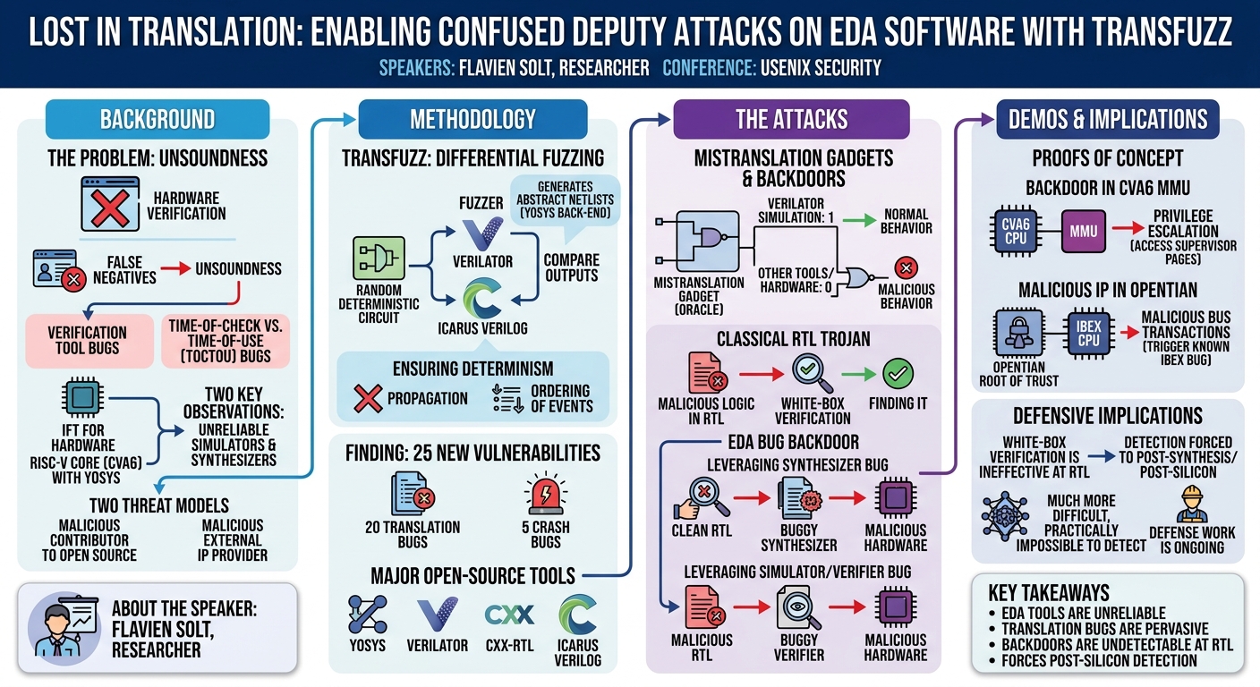 Visual summary for Lost in Translation: Enabling Confused Deputy Attacks on EDA Software with TransFuzz by Flavien Solt