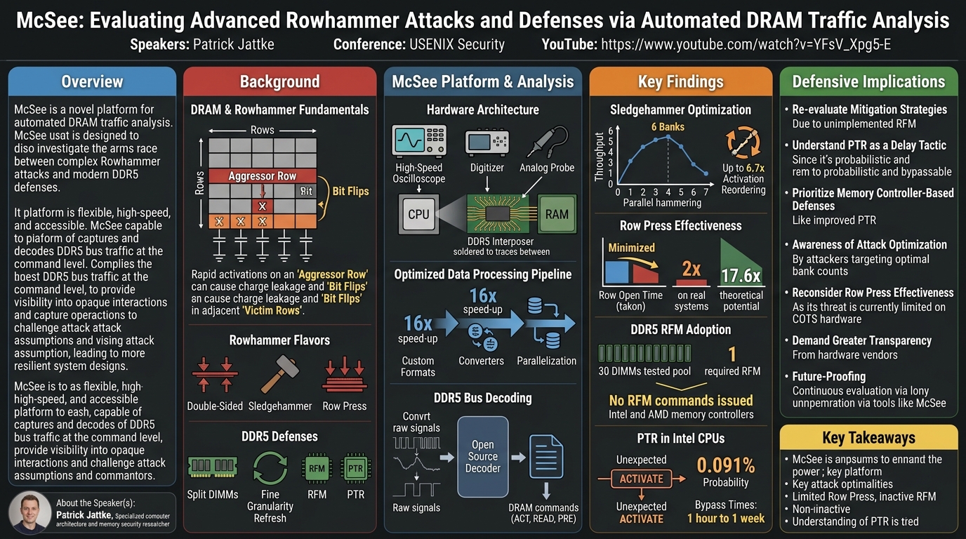 Visual summary for McSee: Evaluating Advanced Rowhammer Attacks and Defenses via Automated DRAM Traffic Analysis by Patrick Jattke