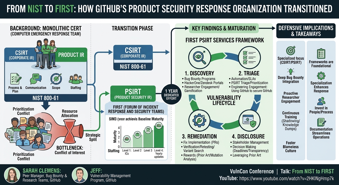 Visual summary for From NIST to FIRST: How GitHub’s Product Security Response Organization Transitioned by Sarah Clemens, Jeff
